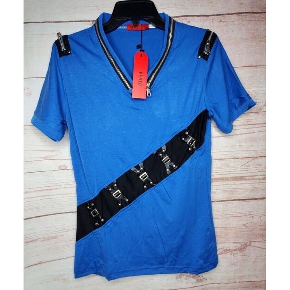 Vento Vassari Blue Zipper Design Slim Fit Zipper Collar Short Sleeve Med Shirt - Picture 4 of 12